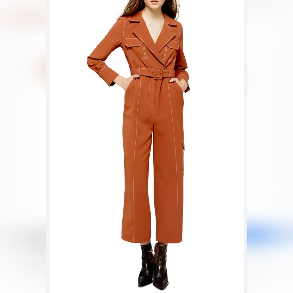 Nwt Topshop Topstitched Flying Jumpsuit Brown 14